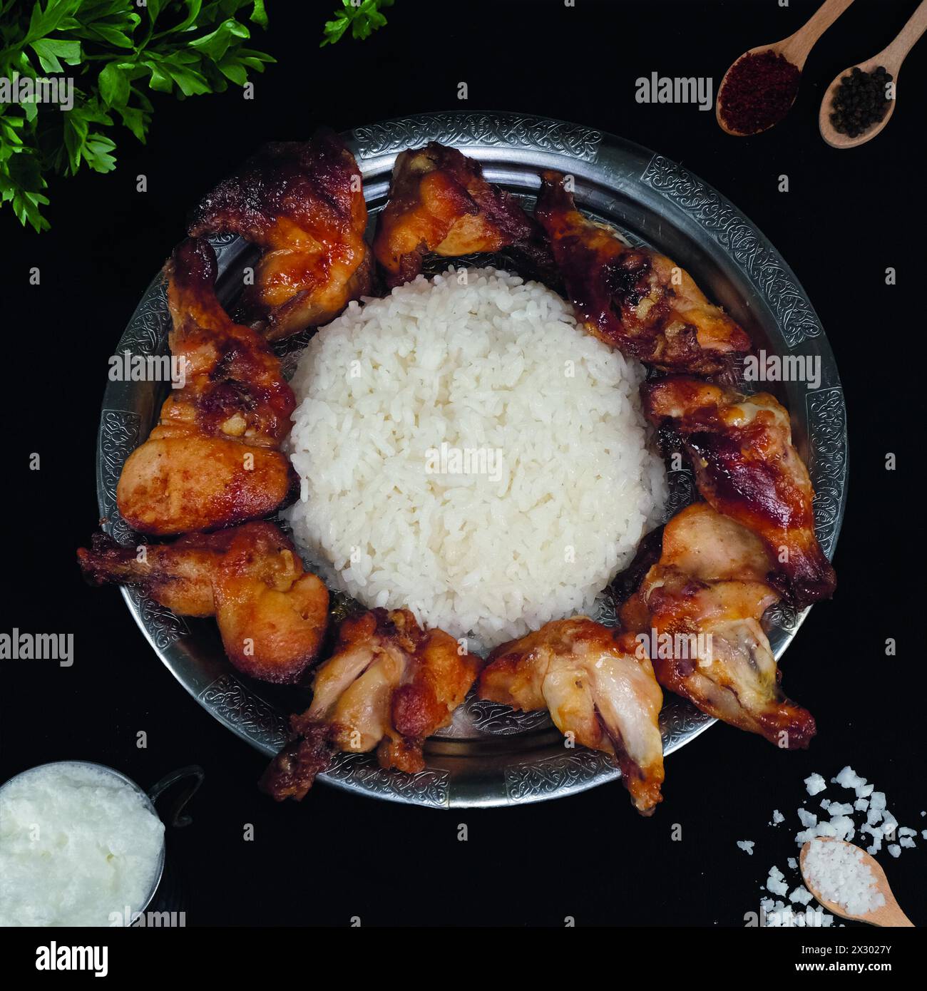 Fried Chicken Thigh and Rice Pilaf Stock Photo Alamy