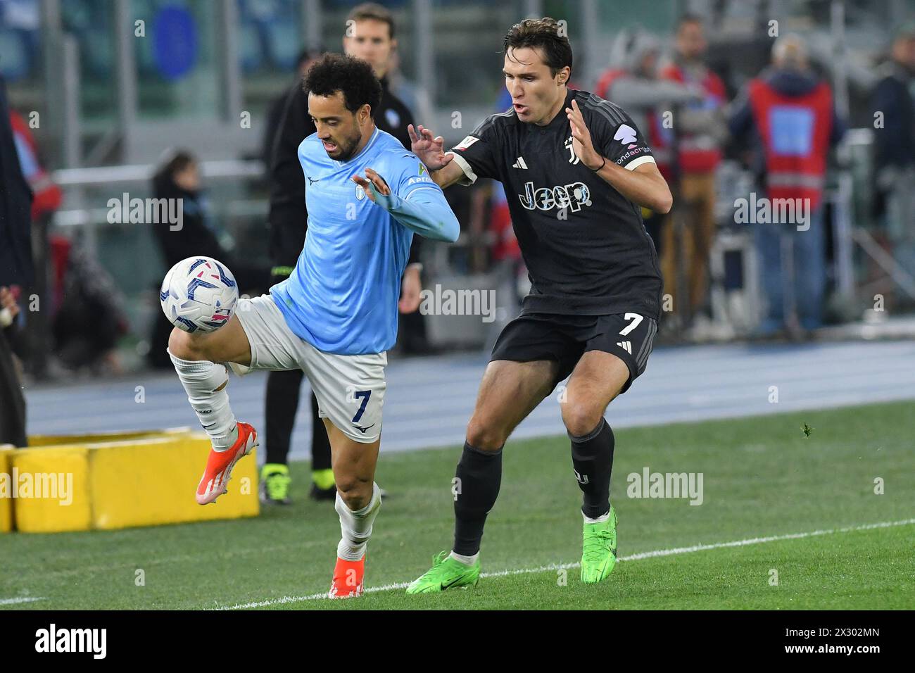 Rome, Lazio. 23rd Apr, 2024. Felipe Anderson of SS Lazio, Federico Chiesa of Juventus during the Italy cup semifinal second leg match between Lazio v Juvenuts at Olympic stadium, Italy, April 23rd, 2024. Credit Credit: massimo insabato/Alamy Live News Stock Photo