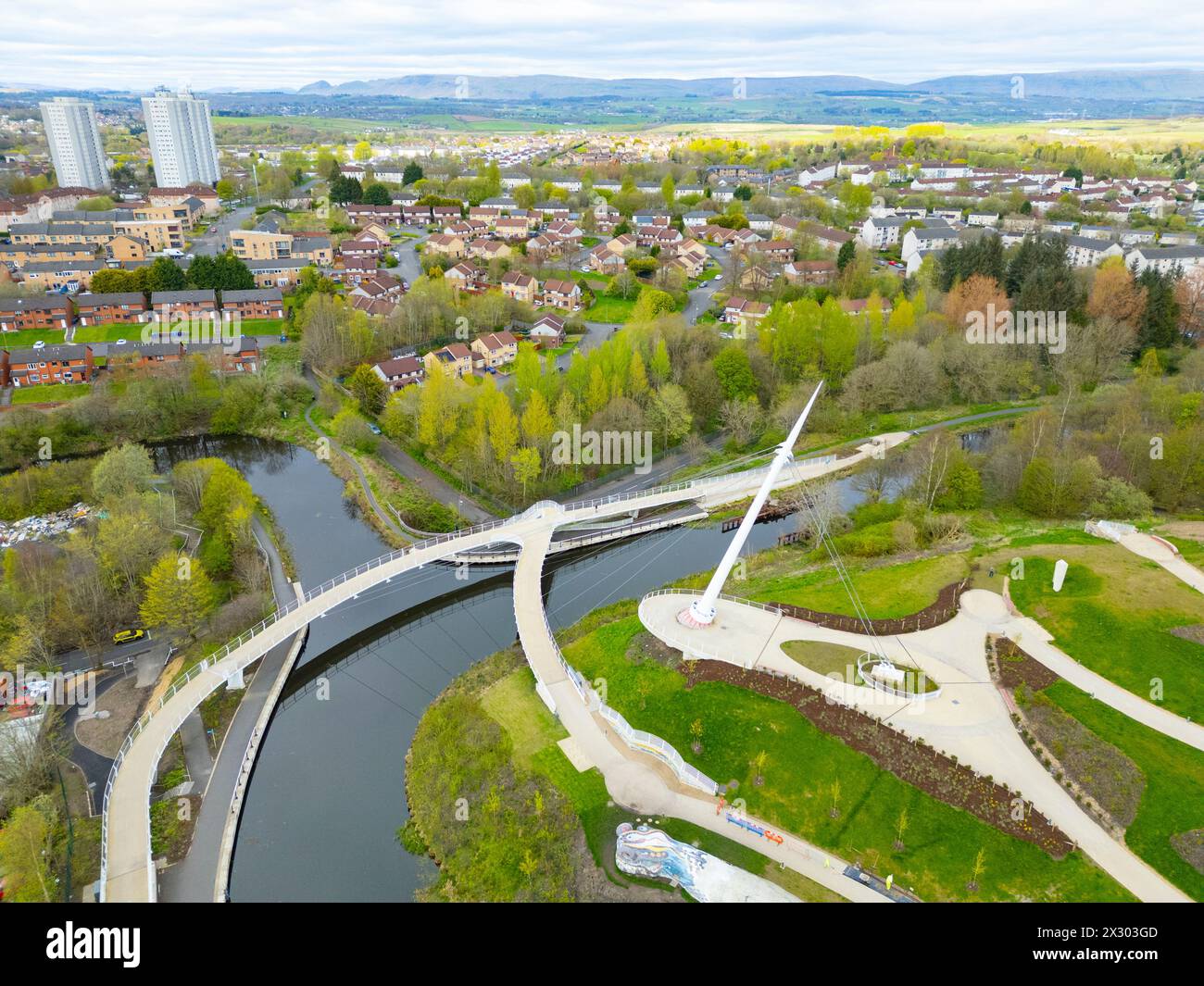 Aerial view from drone of Stockingfield Bridge crossing the Forth and Clyde Canal in North Glasgow. The new footbridge will provide an important new l Stock Photo