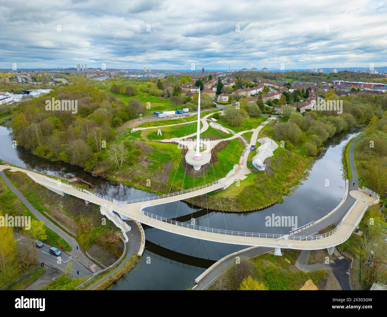 Aerial view from drone of Stockingfield Bridge crossing the Forth and Clyde Canal in North Glasgow. The new footbridge will provide an important new l Stock Photo