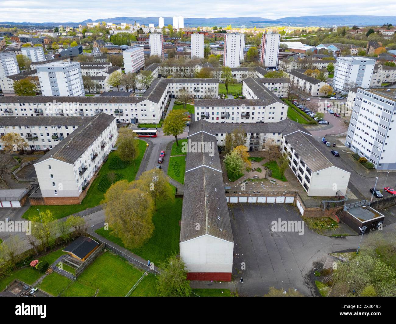 Aerial view from drone of social housing estate at Wyndford in Maryhill