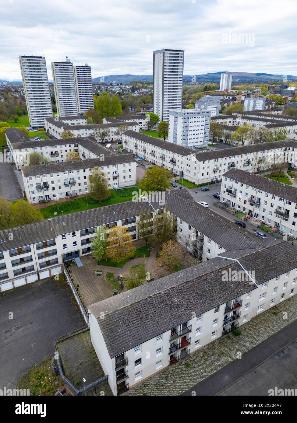 Aerial view from drone of social housing estate at Wyndford in Maryhill