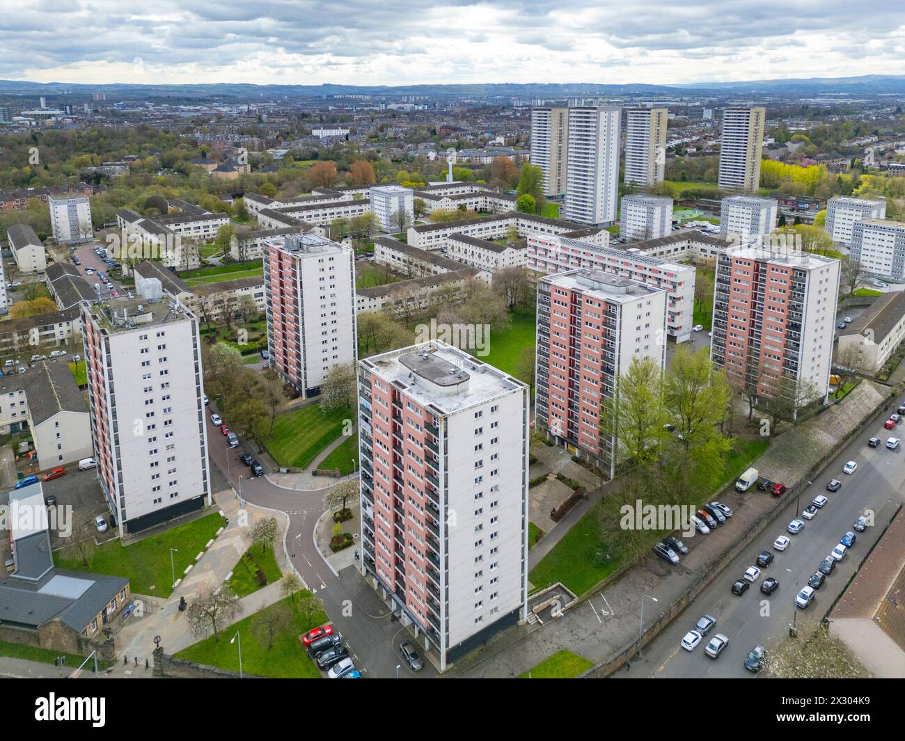 Aerial view from drone of social housing estate at Wyndford in Maryhill