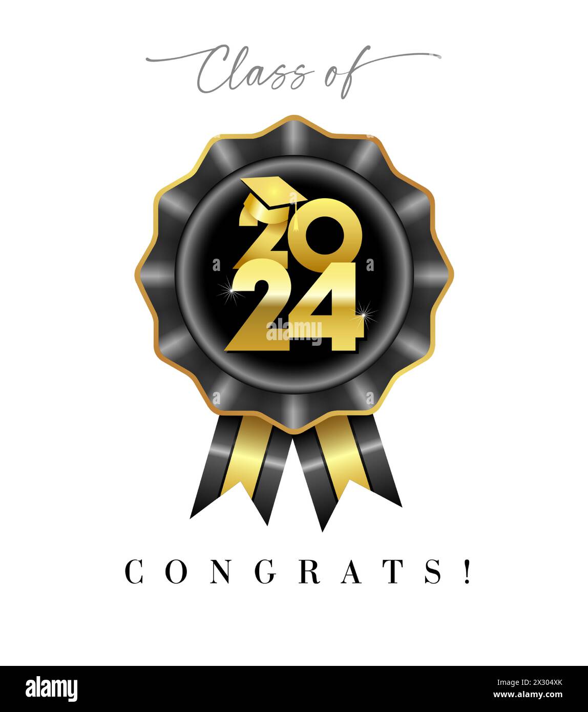 Class of 2024 congrats. Cute graduating banner concept with 3D graphic style black rosette and shiny golden elements. Creative badge. School awards Stock Vector