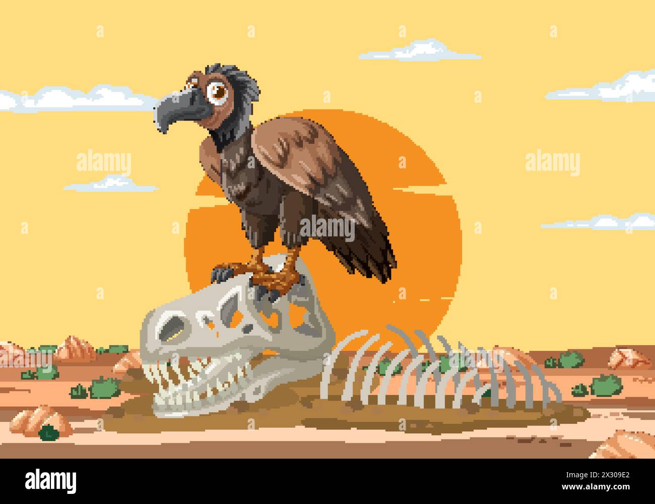 Cartoon vulture standing on a dinosaur skeleton Stock Vector