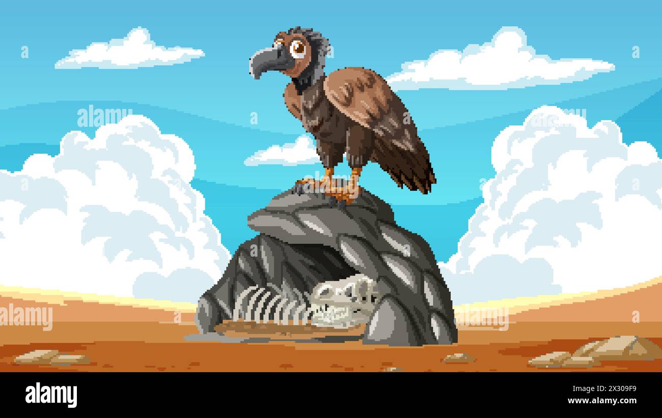 Cartoon vulture standing on a rock with bones Stock Vector