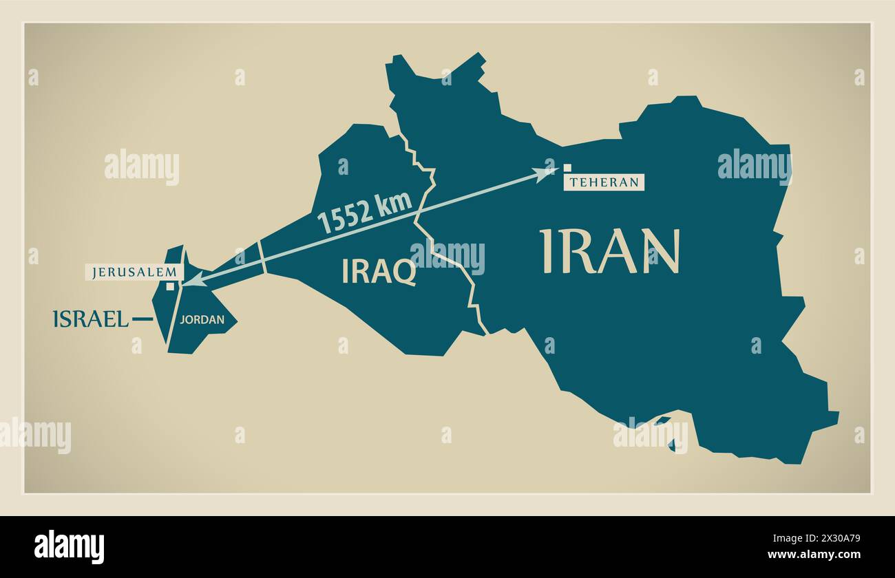 Modern Map - Distance between Jerusalem ISRAEL and Teheran IRAN Stock