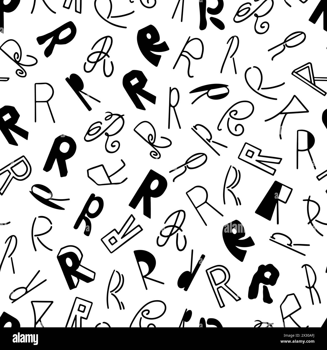 A monochrome pattern with a variety of letters R scattered in different orientations Stock Vector