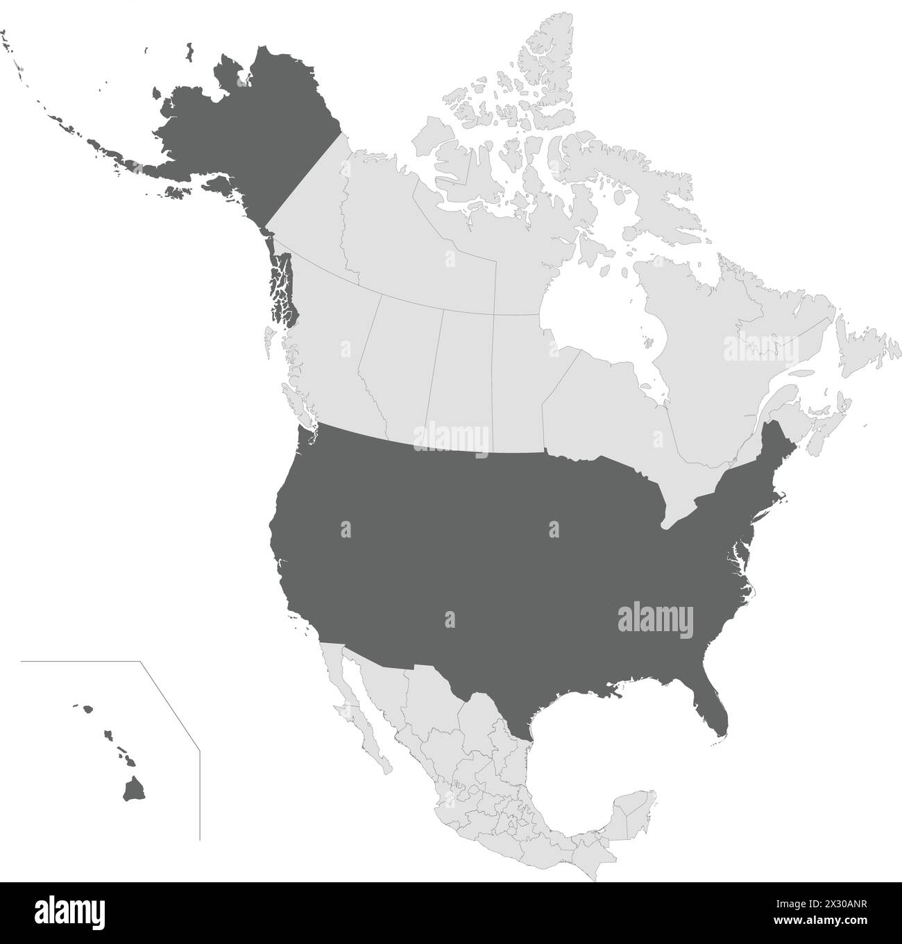 Dark grey map of the UNITED STATES inside light grey map of the North American continent Stock Vector