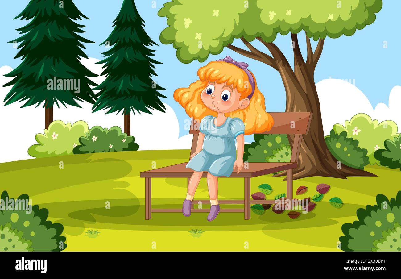 Cartoon girl sitting on bench under tree in park Stock Vector Image ...