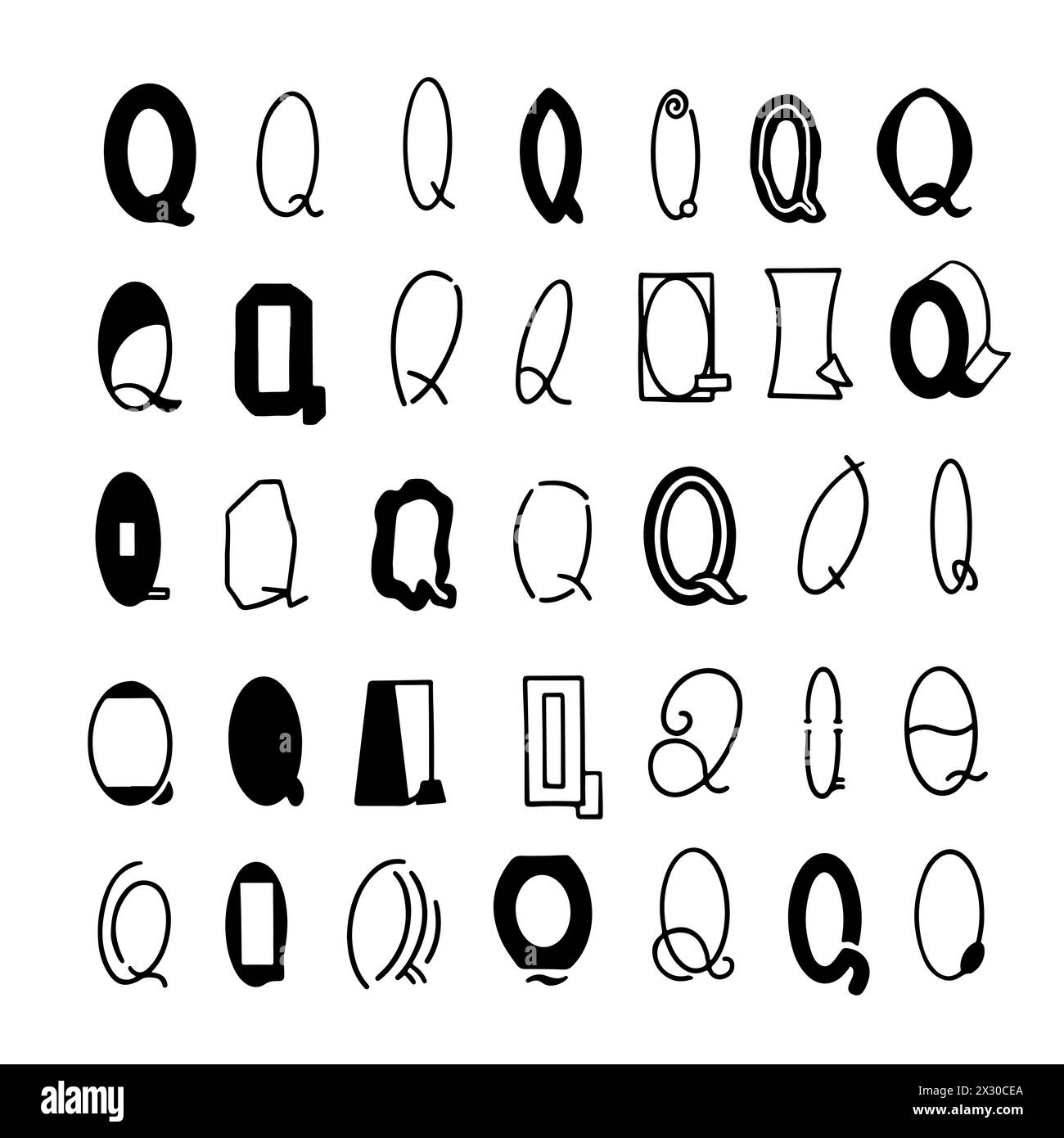 Hand drawn Q letters in different fonts and styles. Stock Vector