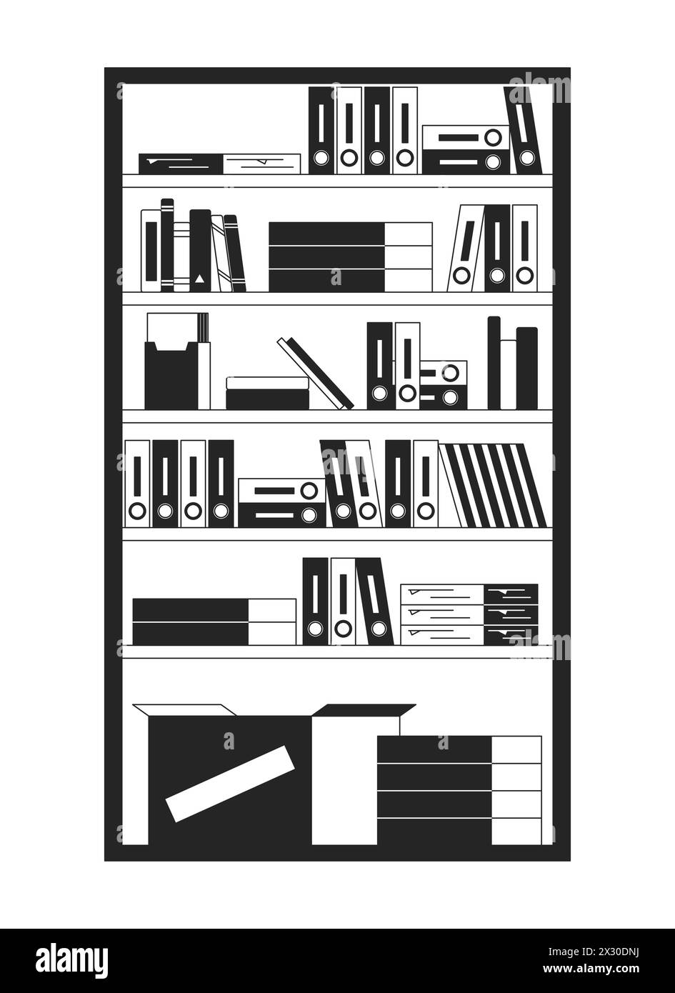 Bookcase filled with folders and boxes 2D linear cartoon object Stock Vector