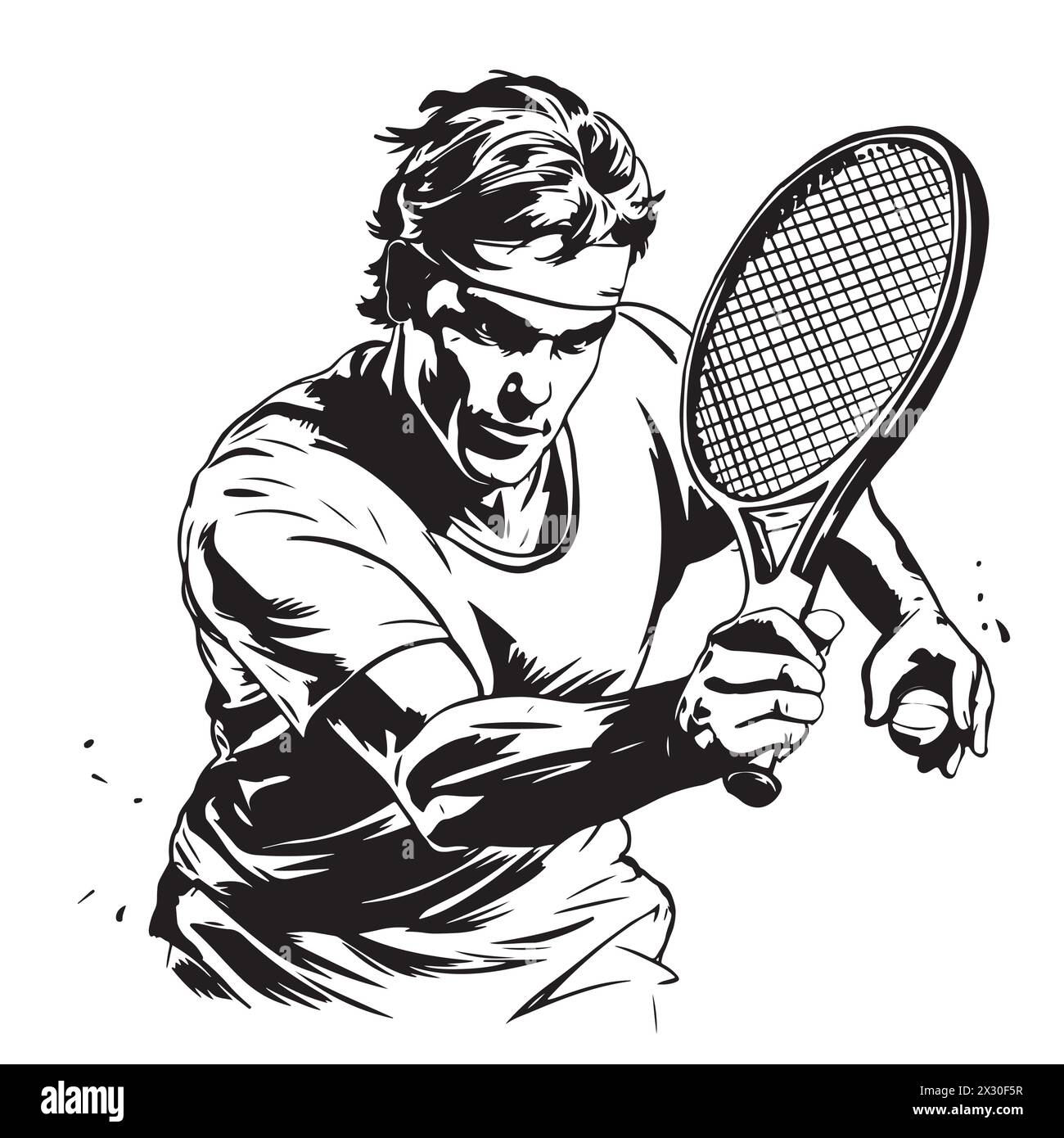 Hand sketch of professional tennis player. Vector sport illustration. Graphic silhouette of the guy athlete on background design. Active people. Recre Stock Vector