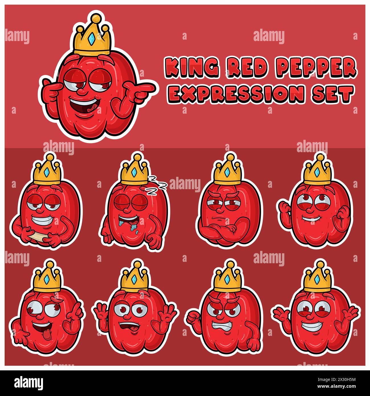 Cartoon Mascot Of  Pepper Character with king and expression set. Vector And Illustration Stock Vector