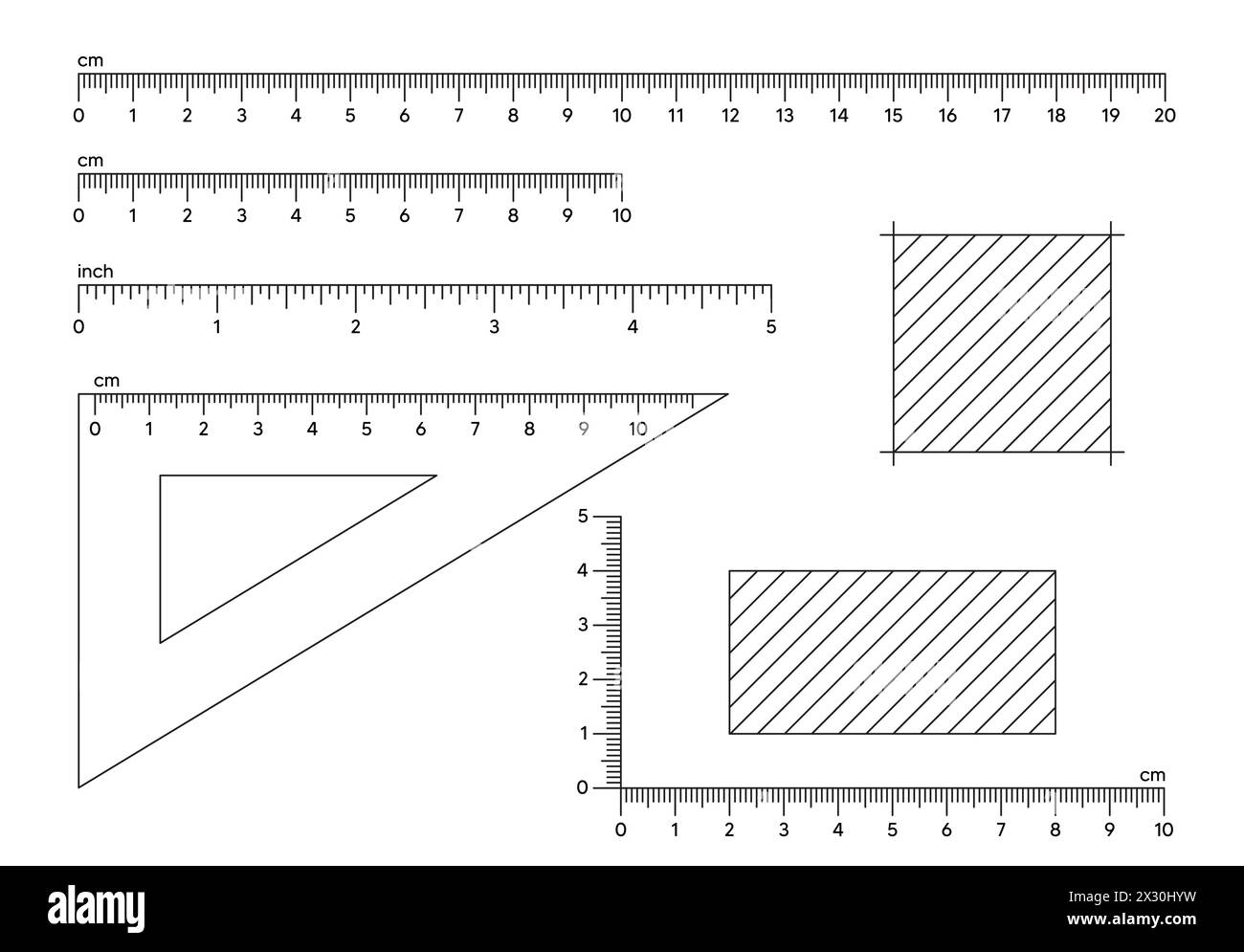 Rulers inch and metric rulers. Measuring tool. Centimeters and inches measuring cm metrics indicator. Vector Stock Vector
