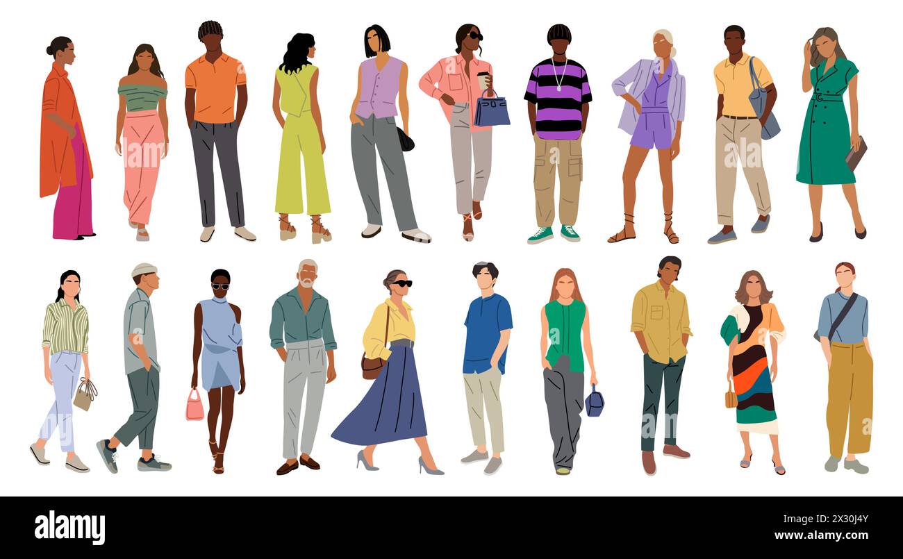 Set of stylish young men and women wearing summer street fashion outfit. Different business people in smart casual office clothes. Vector realistic il Stock Vector