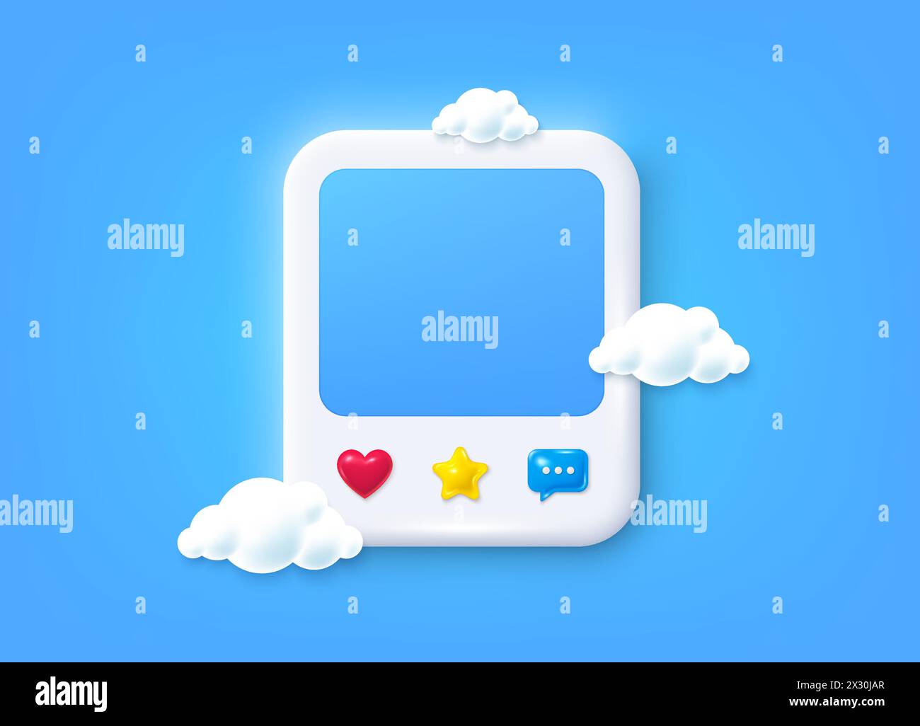 Social media photo 3d frame with heart, like, message. Clean empty photo post template. Vector Stock Vector