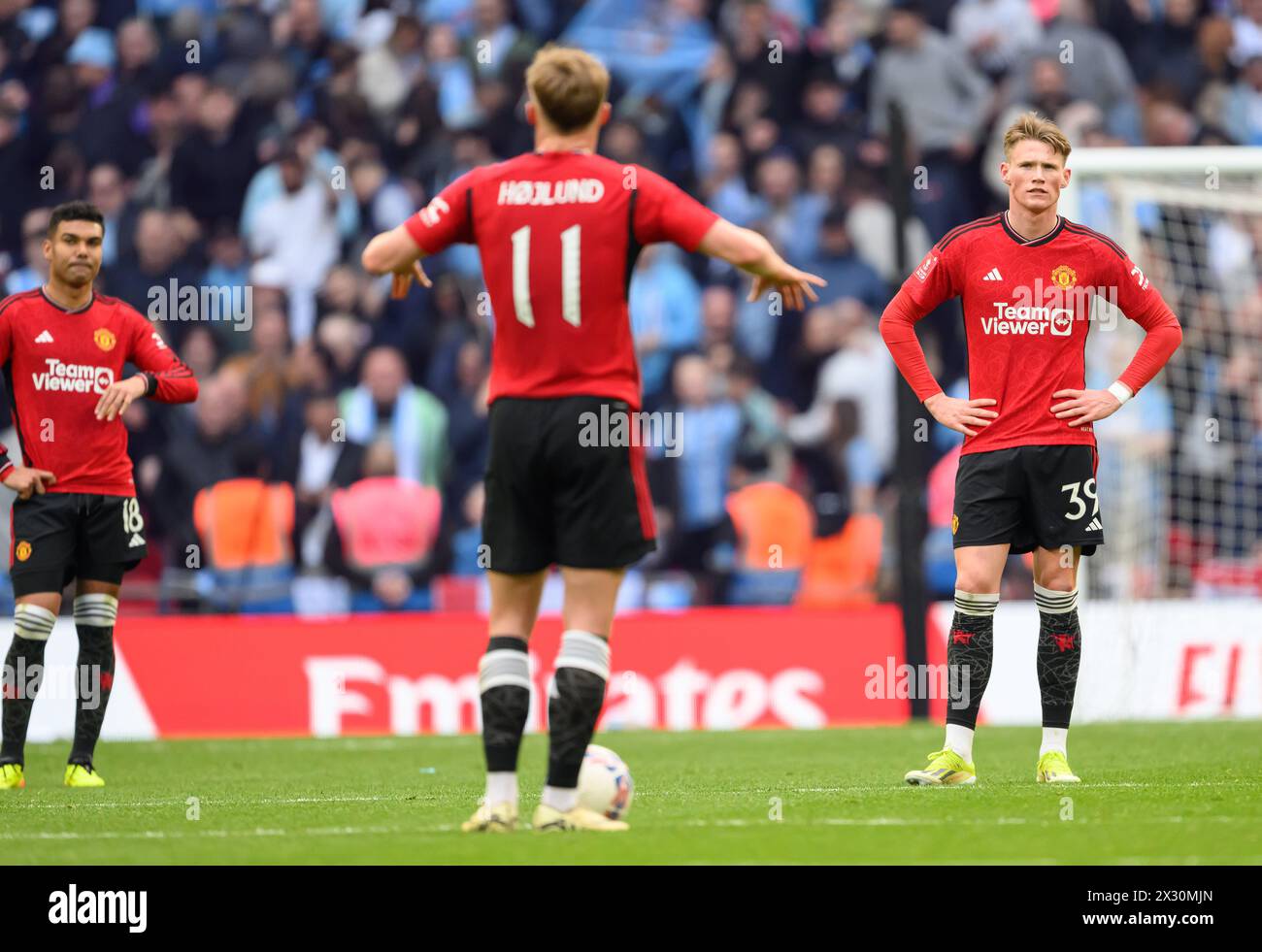 London, UK. 21st Apr, 2024 - Manchester United v Coventry City - FA Cup Semi-Final - Wembley.                                                                          Scott Mctominay and Casimero look dejected after Manchester United concede another goal to Coventry City.                                         Picture Credit: Mark Pain / Alamy Live News Stock Photo