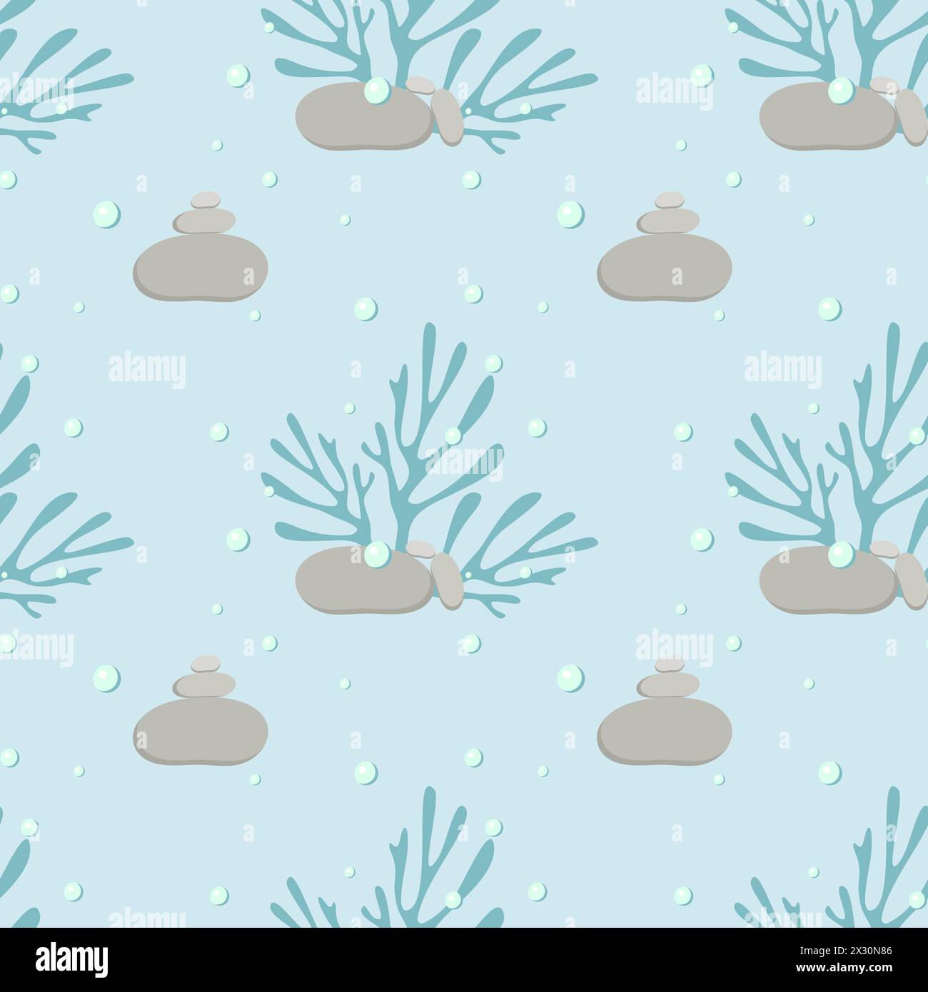 Pattern of seaweed and corals with stones on the bottom of the blue ocean, in pastel colors. Vector illustration Stock Vector