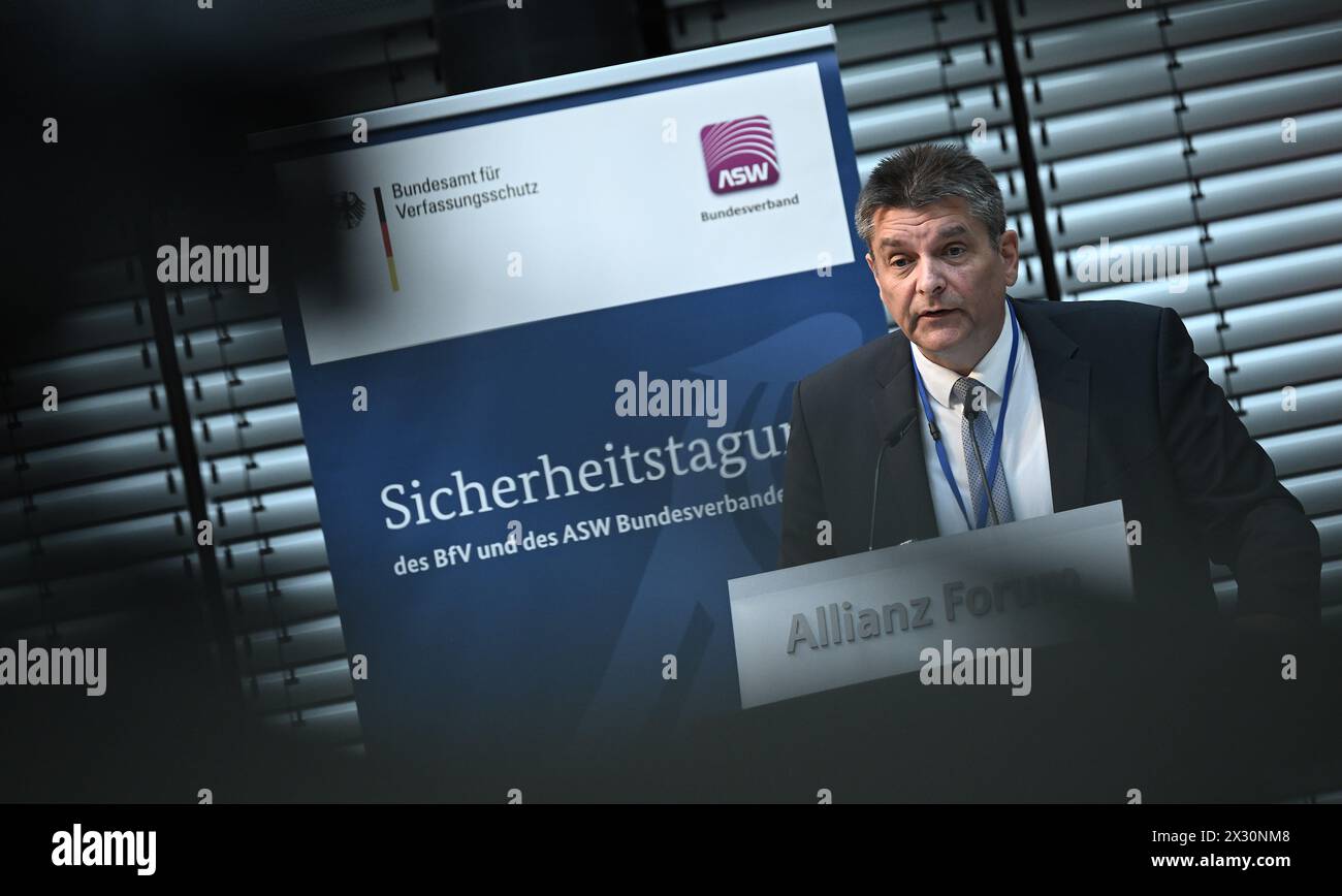Berlin, Germany. 24th Apr, 2024. Alexander Borgschulze, ASW Board Member (Allianz für Sicherheit in der Wirtschaft e.V.) speaks at the security conference of the Federal Office for the Protection of the Constitution (BfV). The topic of the conference is 'China's ambitions in the world - effects on the security of German companies and politics'. Credit: Britta Pedersen/dpa/Alamy Live News Stock Photo