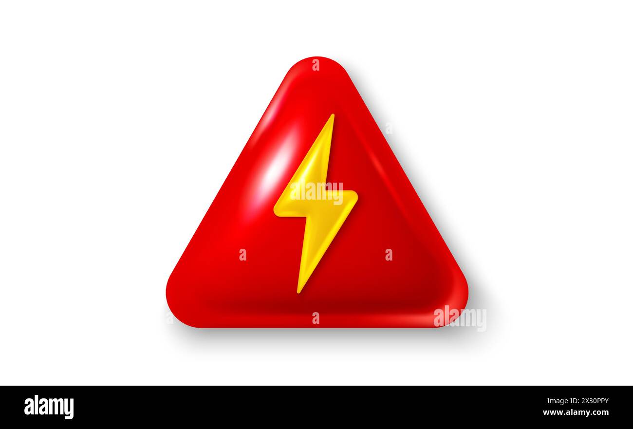 Lightning thunder, energy power bolt 3d icon. Realistic 3d electric danger triangle. Battery charge symbol. Vector Stock Vector
