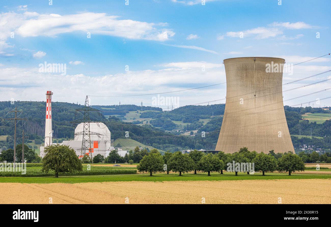 Das Atomkraftwerk Leibstadt befindet sich zur Zeit in einer  Revision. Erneuert wird auch der Anstrich des Reaktors. (Leibstadt, Schweiz, 03.07.2022) Stock Photo