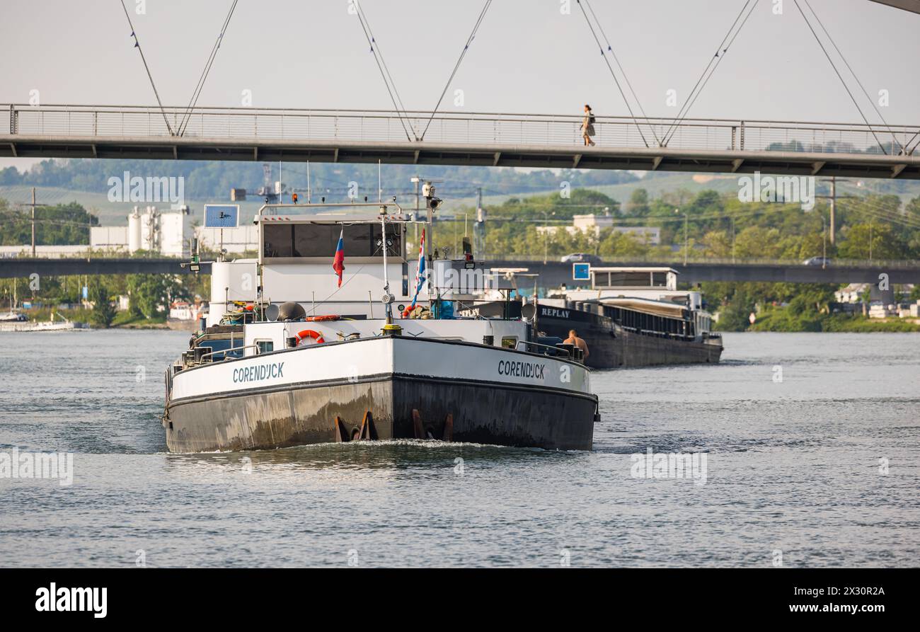 Das Frachtschiff Corendijck vor dem Frachtschiff Replay auf dem Rhein in Fahrtrichtung Schweizer Rheinhäfen. (Basel, Schweiz, 09.05.2022) Stock Photo