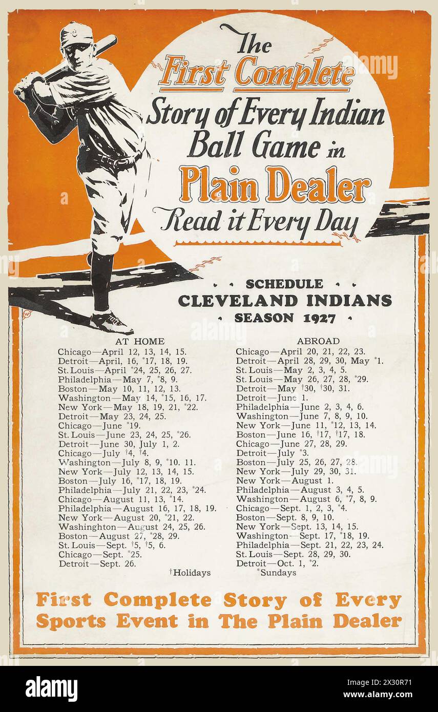 Baseball poster - The Plain Dealer advertising - Cleveland Indians Poster, 1927 Schedule Stock Photo