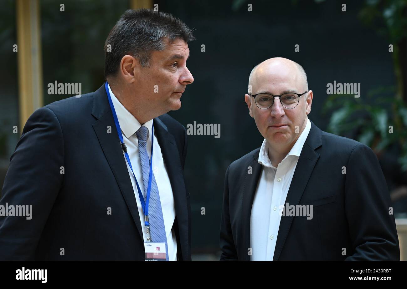 Berlin, Germany. 24th Apr, 2024. Alexander Borgschulze (l), ASW Board Member (Allianz für Sicherheit in der Wirtschaft e.V.), and Sinan Selen, BfV Vice President, stand at the security conference of the Federal Office for the Protection of the Constitution (BfV). The topic of the conference is 'China's ambitions in the world - effects on the security of German companies and politics'. Credit: Britta Pedersen/dpa/Alamy Live News Stock Photo