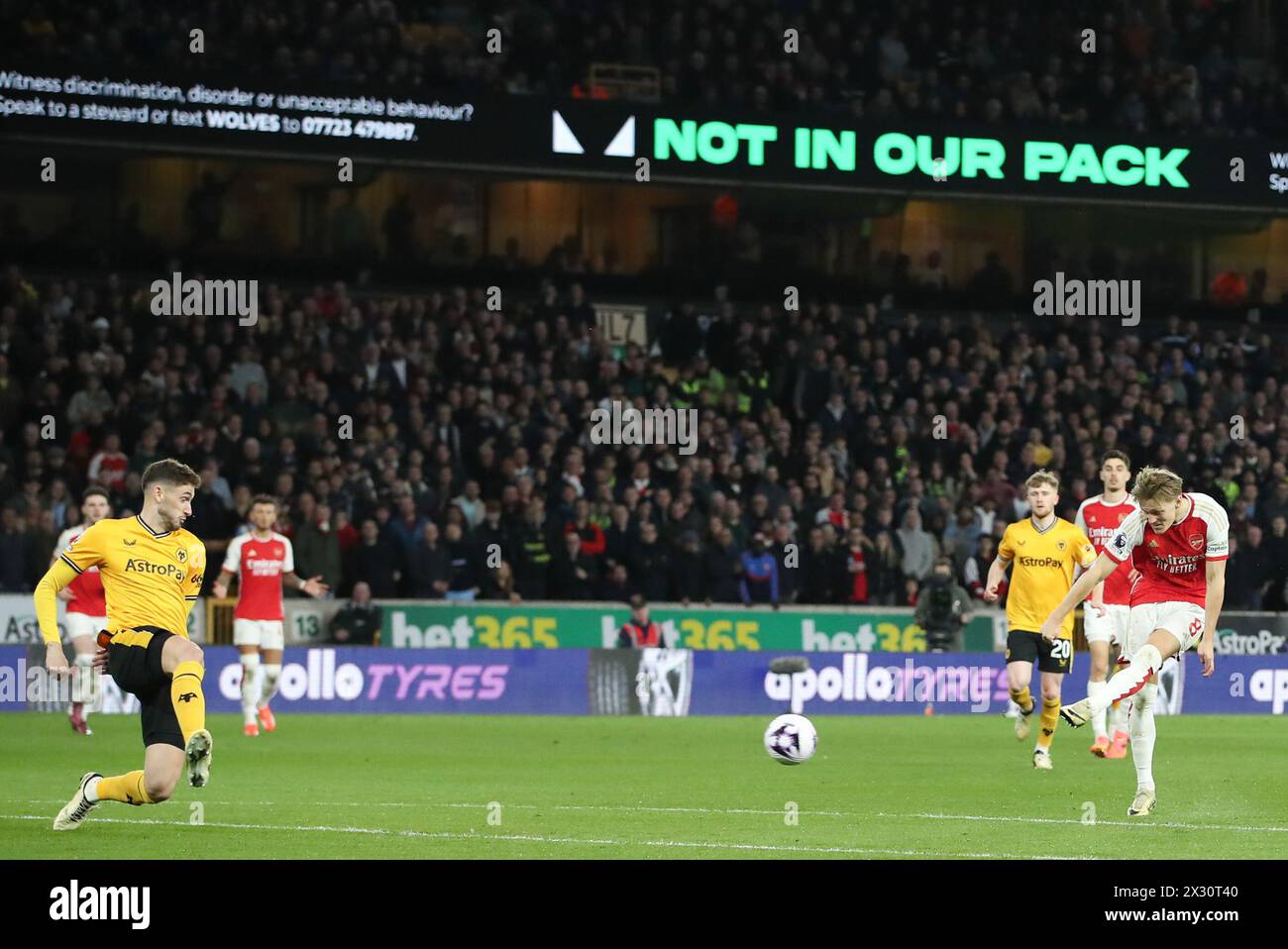 WOLVERHAMPTON, ENGLAND - APRIL 20: Martin Odegaard of Arsenal takes a shot at goal but fails to score during the Premier League match between Wolverhampton Wanderers and Arsenal FC at Molineux on April 20, 2024 in Wolverhampton, England.(Photo by MB Media/MB Media) Stock Photo