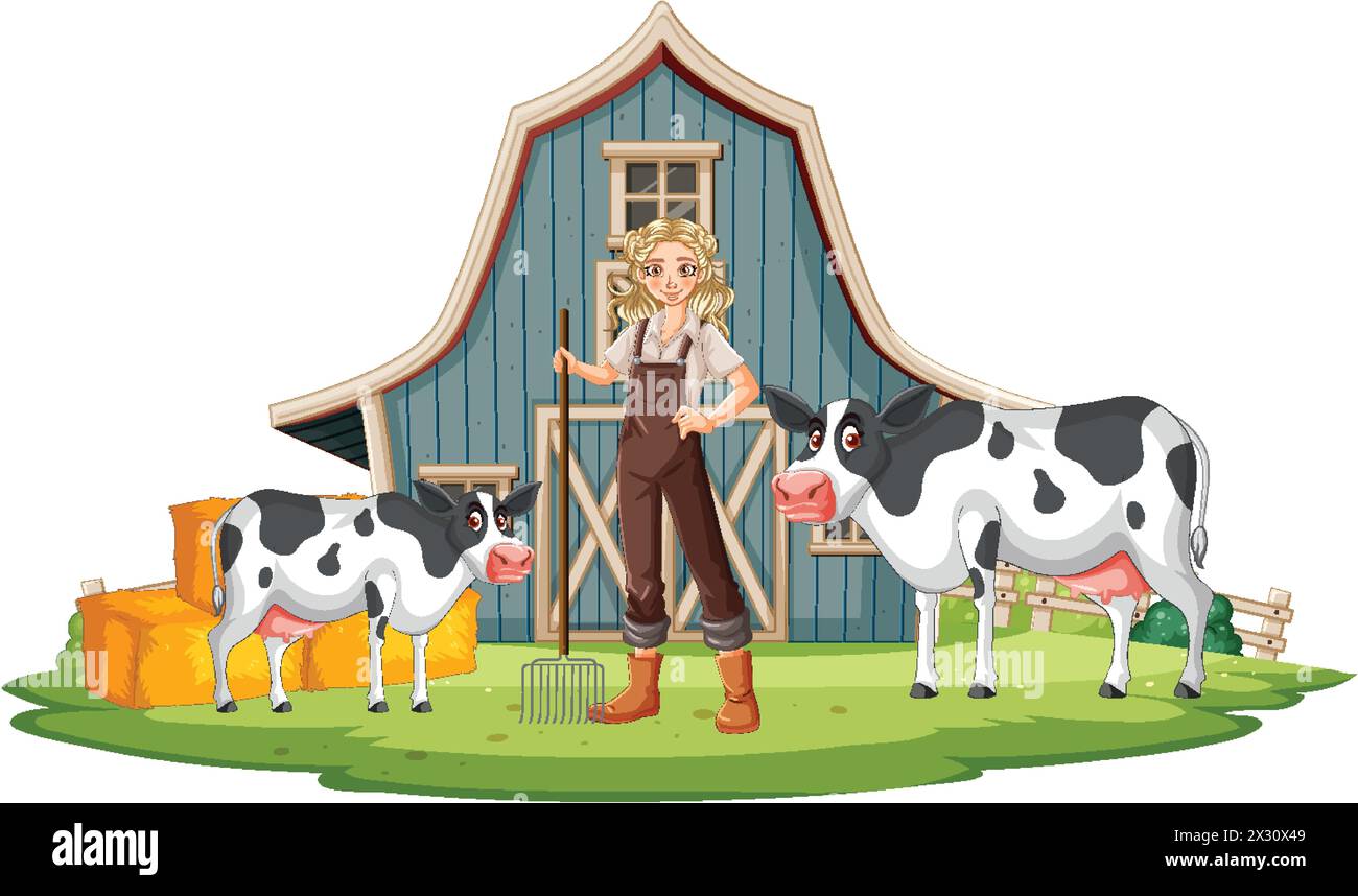 Illustration of a farmer with cows near a barn Stock Vector Image & Art ...