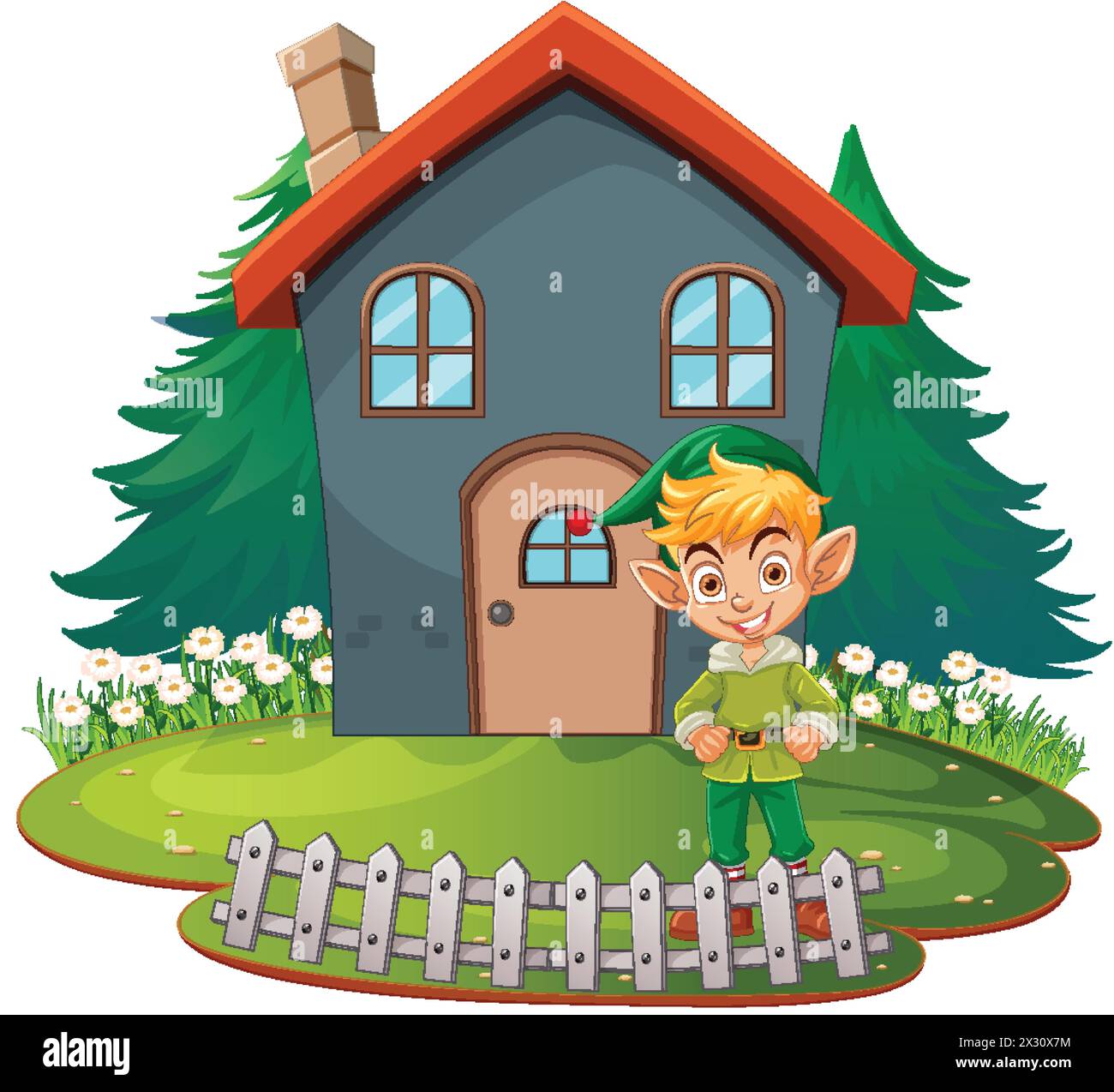 Cheerful elf standing by a whimsical house Stock Vector
