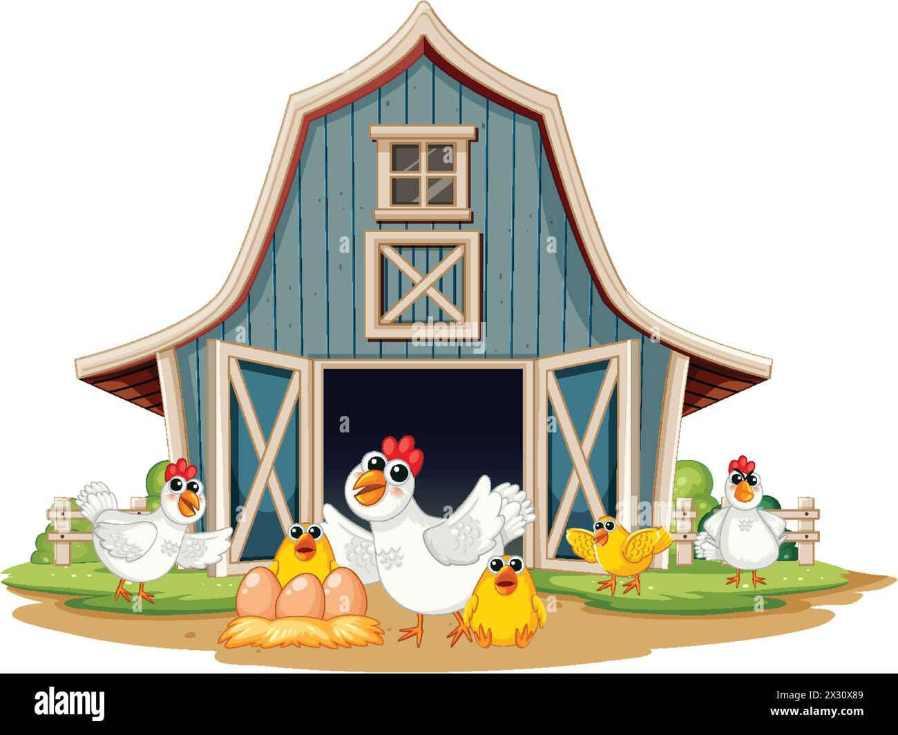 Colorful chickens gathered outside a wooden barn Stock Vector