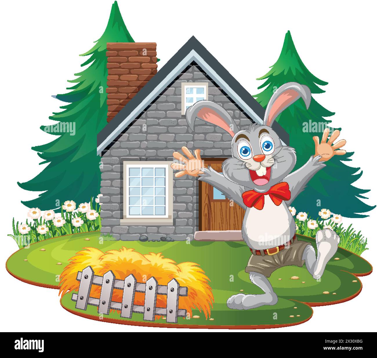 Happy cartoon rabbit standing by a stone house Stock Vector Image & Art ...
