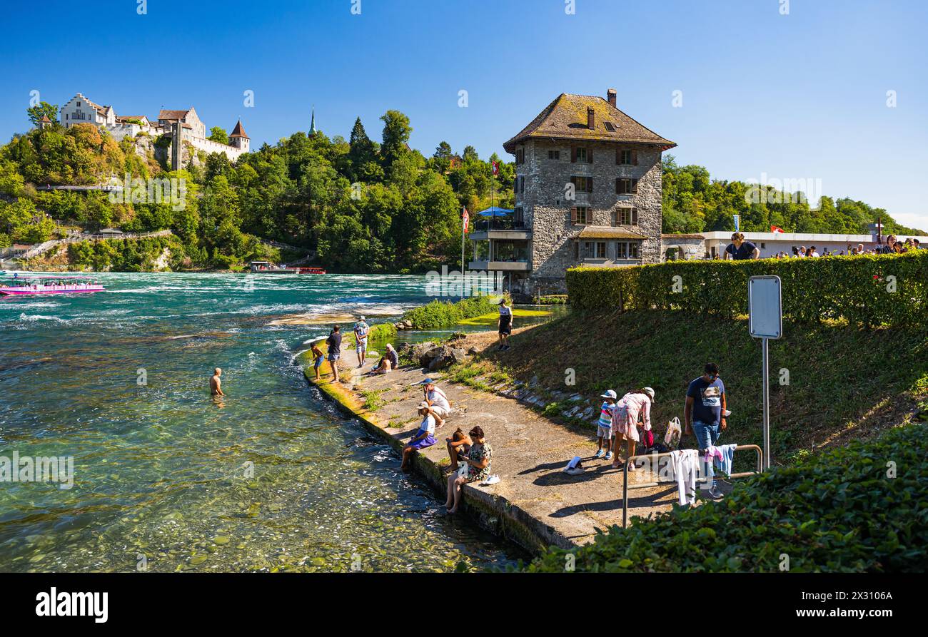 Das Baden im Rheinfallbecken ist verboten, da wegen der Strömung Lebensgefahr besteht. Einige Touristen wagen sich trotzdem ins Wasser. (Neuhausen am Stock Photo