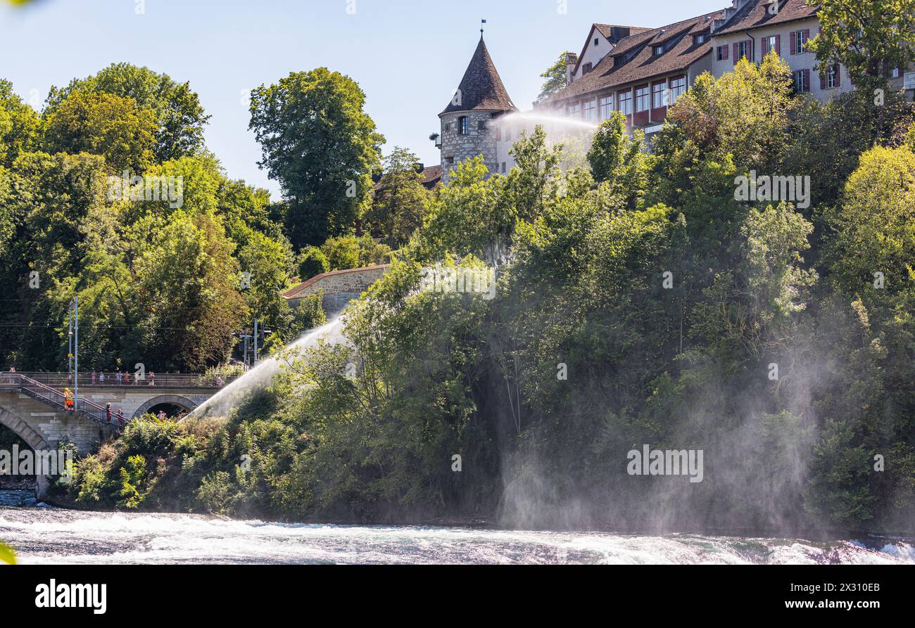 Die Feuerwehr löscht einen Flächenbrand unterhalb des Schloss Laufen auf der Zürcher Seite des bei Touristen beliebten Ausflugsziel. (Neuhausen am Rhe Stock Photo