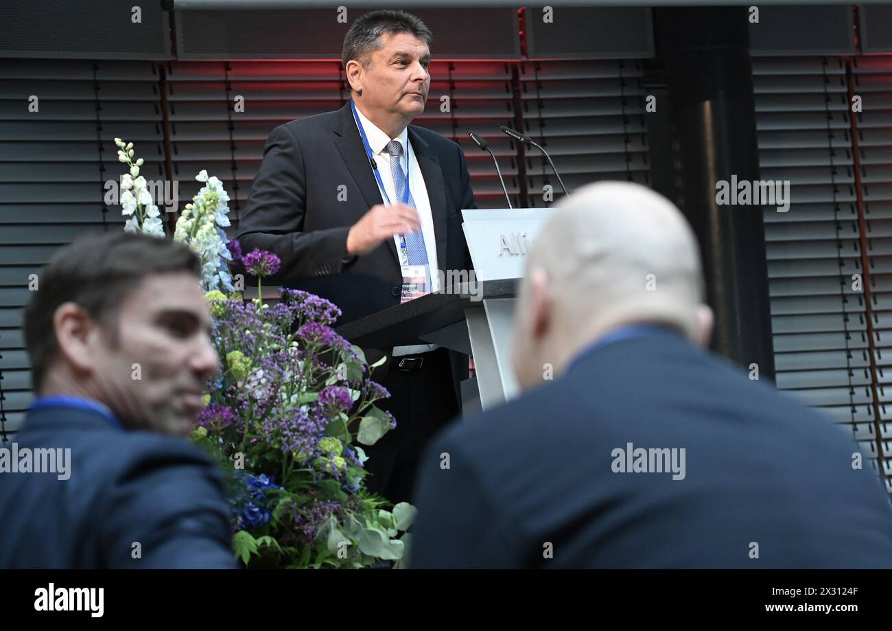 Berlin, Germany. 24th Apr, 2024. Alexander Borgschulze, ASW Board Member (Allianz für Sicherheit in der Wirtschaft e.V.), speaks at the security conference of the Federal Office for the Protection of the Constitution (BfV). The topic of the conference is 'China's ambitions in the world - effects on the security of German companies and politics'. Credit: Britta Pedersen/dpa/Alamy Live News Stock Photo