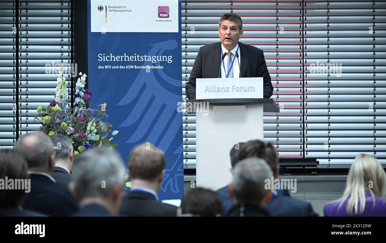 Berlin, Germany. 24th Apr, 2024. Alexander Borgschulze, ASW Board Member (Allianz für Sicherheit in der Wirtschaft e.V.), speaks at the security conference of the Federal Office for the Protection of the Constitution (BfV). The topic of the conference is 'China's ambitions in the world - effects on the security of German companies and politics'. Credit: Britta Pedersen/dpa/Alamy Live News Stock Photo