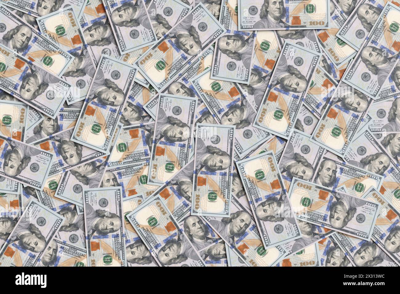 Heap of US 100 dollar banknotes completely filled the screen. Background and wallpaper for website design, web banner and slide show presentation Stock Photo