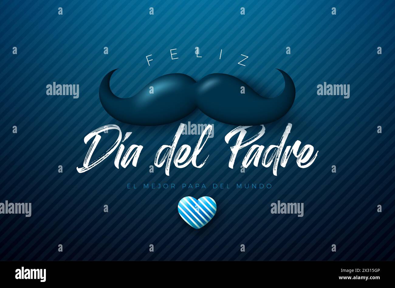 Happy Father's Day Greeting Card Design with Heart and Mustache on Dark Blue Background. Feliz Dia del Padre Spanish Language Vector Illustration for Stock Vector