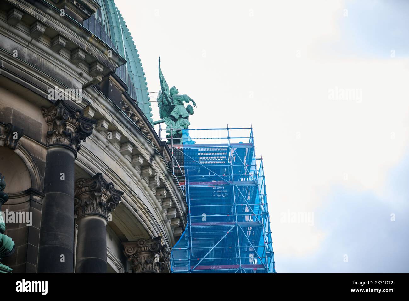 24 April 2024, Berlin: Scaffolding has been erected on the tambour of Berlin Cathedral. The sandstone beneath the dome needs to be restored due to loss of substance. A press conference on the fundraising campaign with the German Foundation for Monument Protection is being held today. Photo: Annette Riedl/dpa Stock Photo