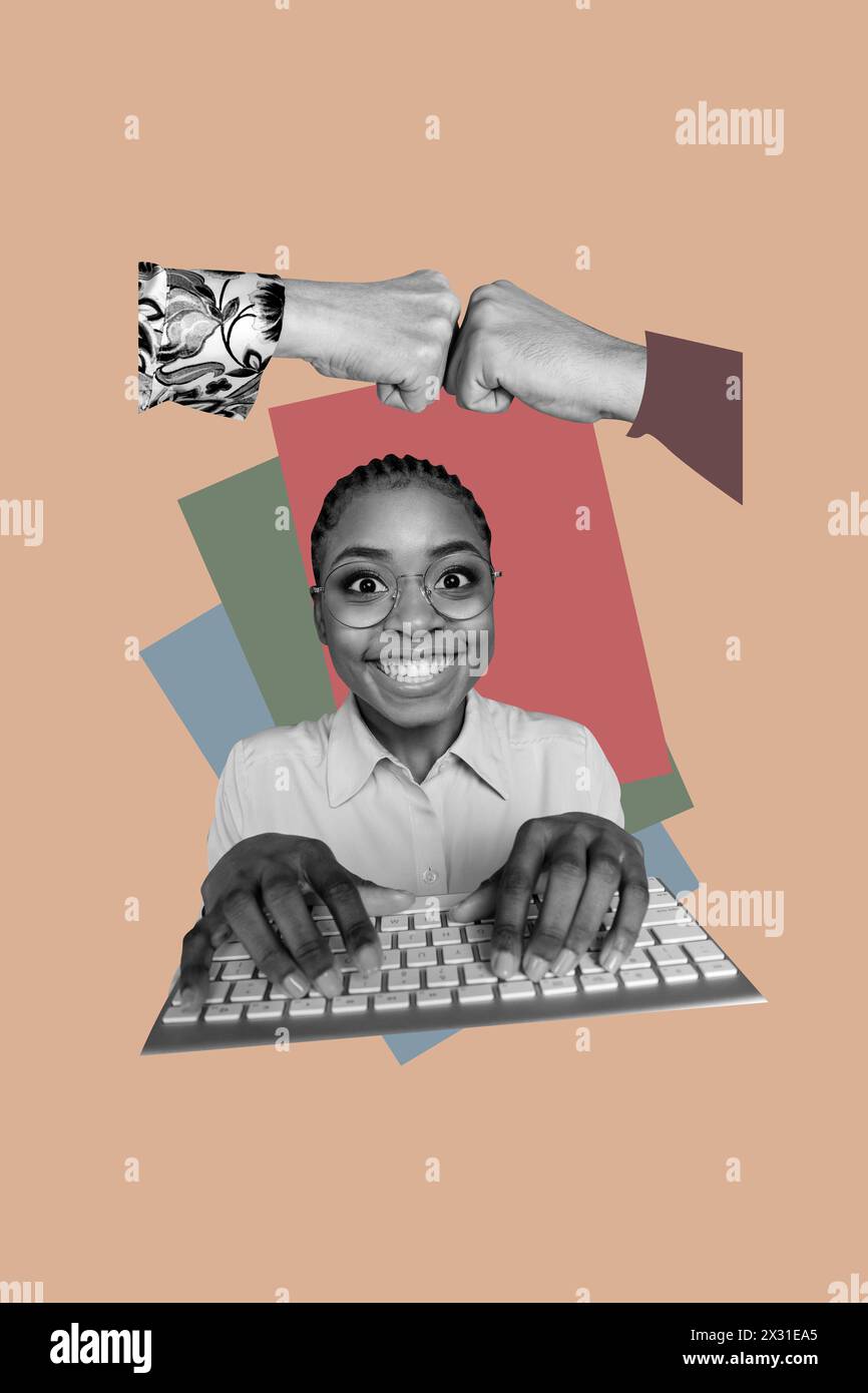 Vertical photo collage of american girl type computer keyboard hands fists punch partnerships success deal isolated on painted background Stock Photo