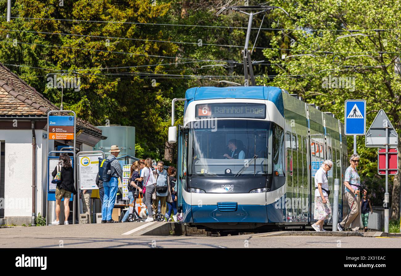 Ein Cobra Tram, oder VBZ Tram Be 5/6, der Zürcher Verkehrsbetriebe steht an der Haltestelle Zoo. Zieldestination ist der Bahnhof Enge. (Zürich, Schwei Stock Photo