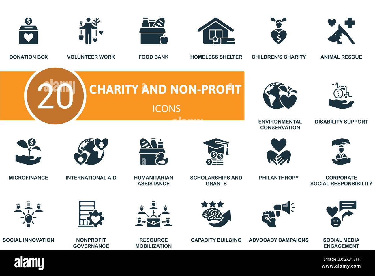 Charity and non-profit set. Creative icons. Stock Vector