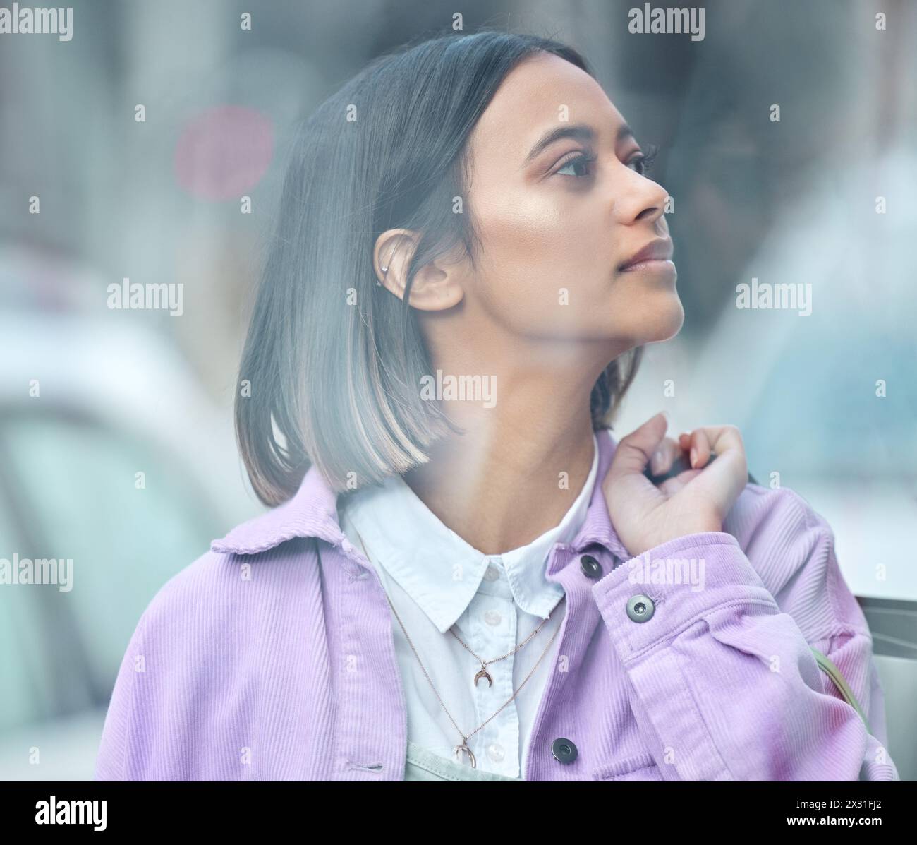 Window shopping, thinking and woman in city, retail and purchase with ideas, decision and urban town. Person, outdoor and girl in New York with Stock Photo