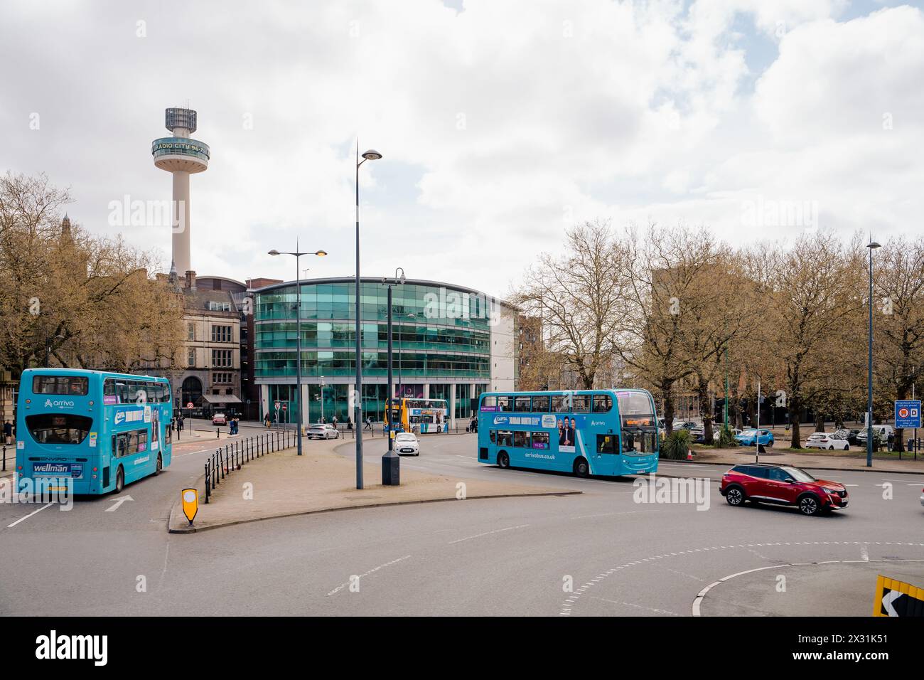 Liverpool, UK, April 11 2024: Radio City tower, seen from the side of the Torus building where the Liverpool City Observatory is also located. Blue bu Stock Photo