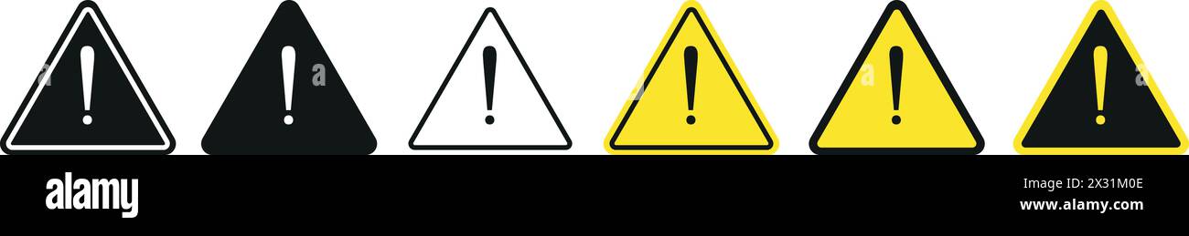 Exclamation mark of warning attention icon. Triangular warning symbols ...