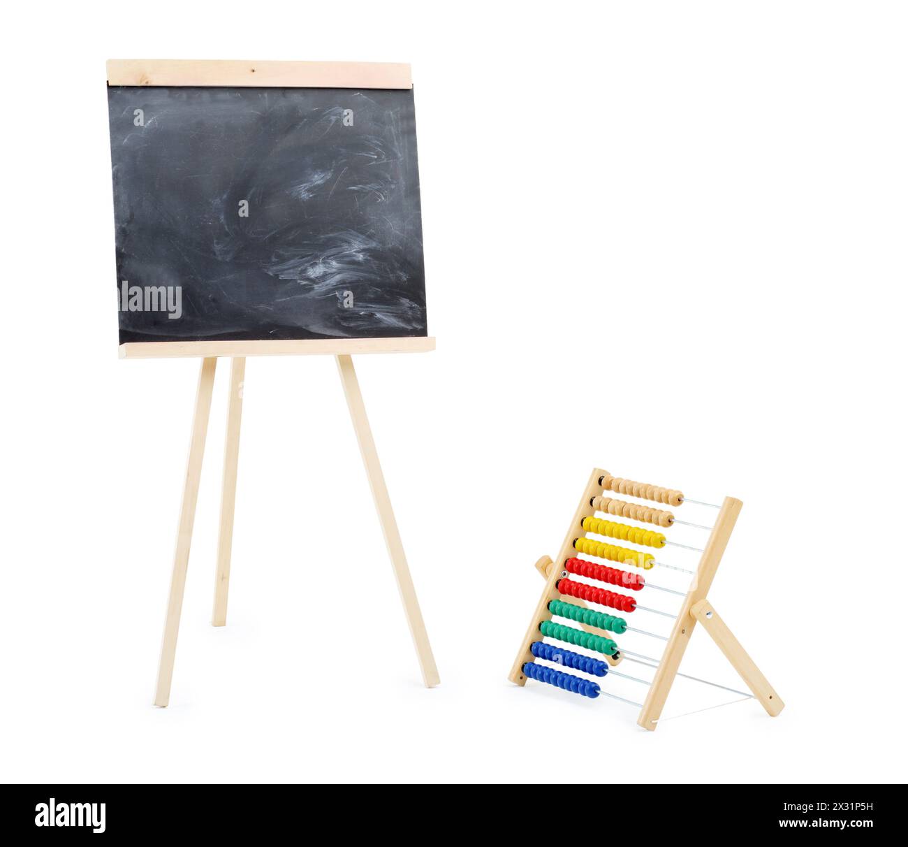 Blank black chalkboard and multi-colored abacus isolated on white ...