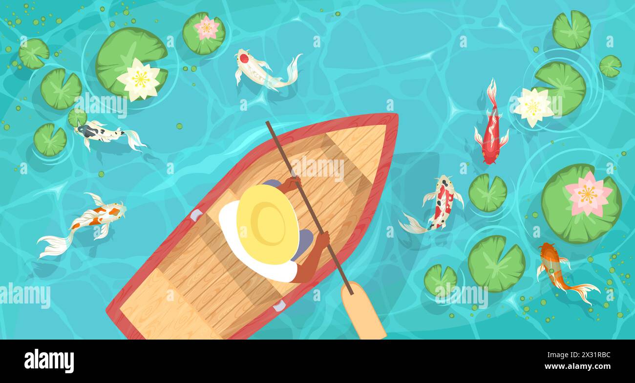 Chinese man swimming on boat in river with koifish Stock Vector Image