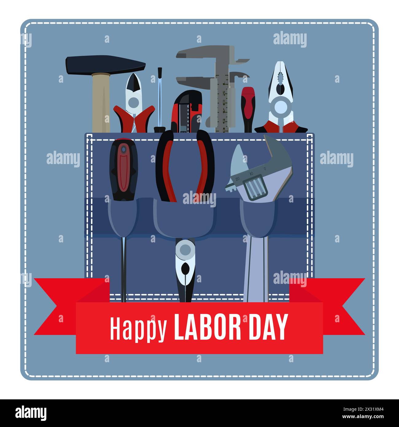 Happy Labor Day banner, sign, poster, vector illustration. Labour or Workers Day design element with hand tools in work apron pocket. Stock Vector